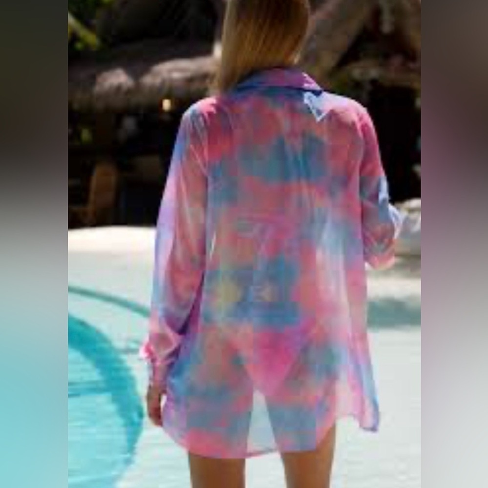 MODA MINX Dusk Til Dawn Chiffon pastel multi colored BEACH SWIM COVER UP SHIRT L - Picture 2 of 3